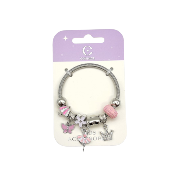 Kids Metal Bracelet – Pink & White Ballerina Butterfly & Sparkling Crown