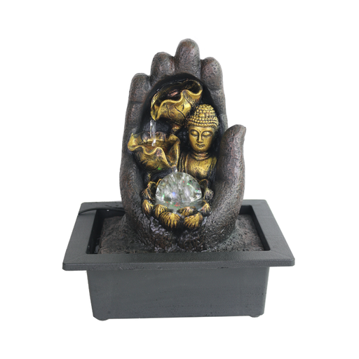 Decorative fountain with Buddha figure and crystal ball inside a palm-shaped sculpture on a white background.