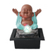 A sculpture of the Happy Buddha with a serene expression, sitting on a platform with a multicolored sphere beneath it, which appears to be the water feature.