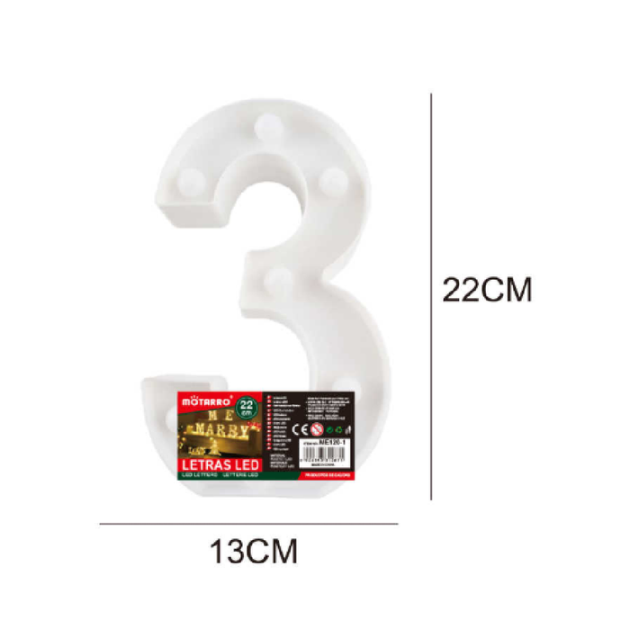 LED Number Light Sign '3' 22cm