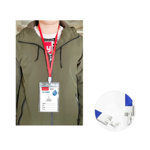 Person wearing a green jacket with a red lanyard and badge holder, with a close-up of the badge holder on a white background.
