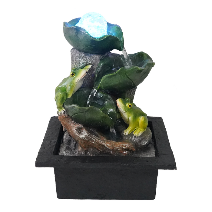 A fountain featuring a green and blue design with leaf-like structures and small frog figures.