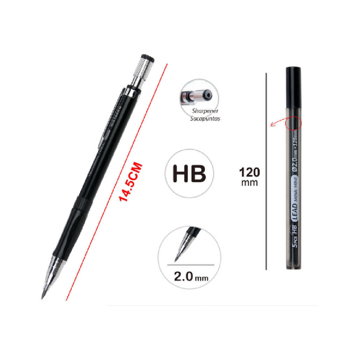 Mechanical Pencil + Lead Refill Black/Silver HB 2.0