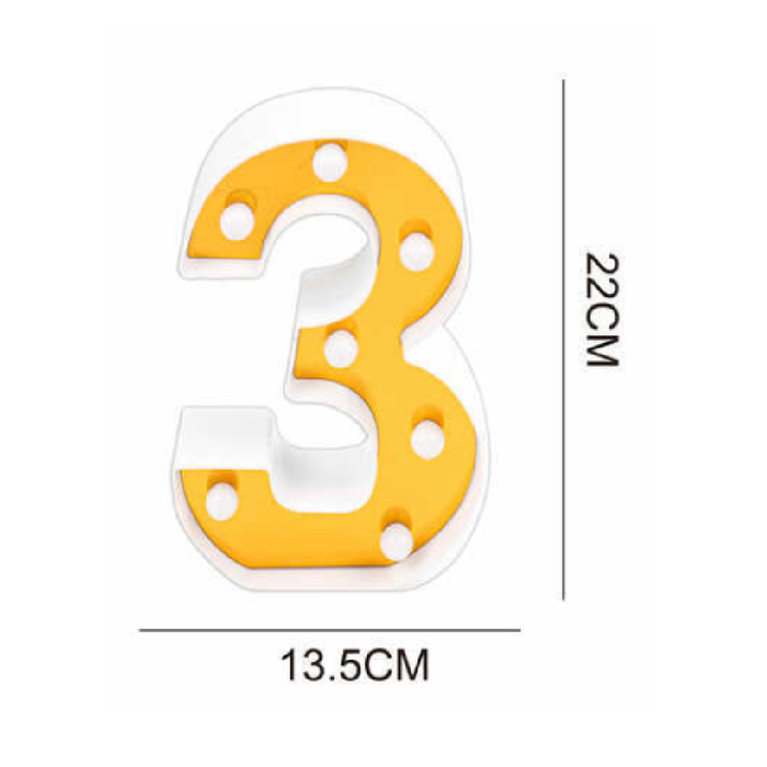 LED Number Light Sign '3' 22cm Gold