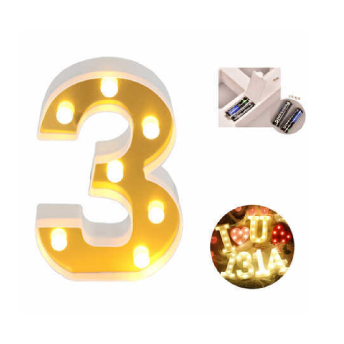 LED Number Light Sign '3' 22cm Gold