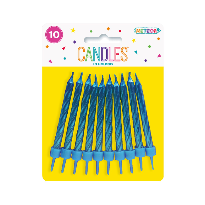 10 Metallic Candles In Holders - Blue