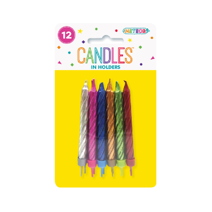 12 Metallic Candles In Holders - Assorted