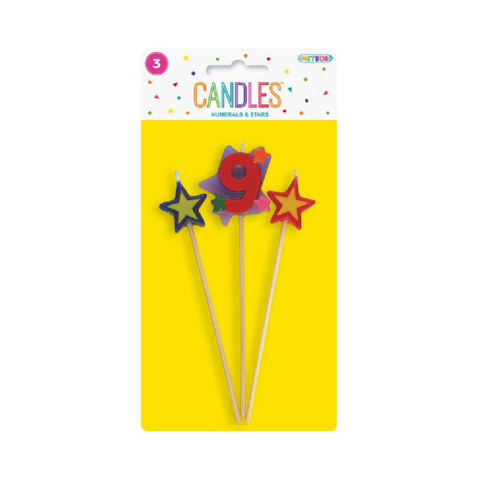 3 Piece Numeral Candle Set - 9 - Assorted