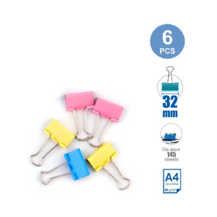 Foldback Clips Assorted Colors 32mm 6pcs