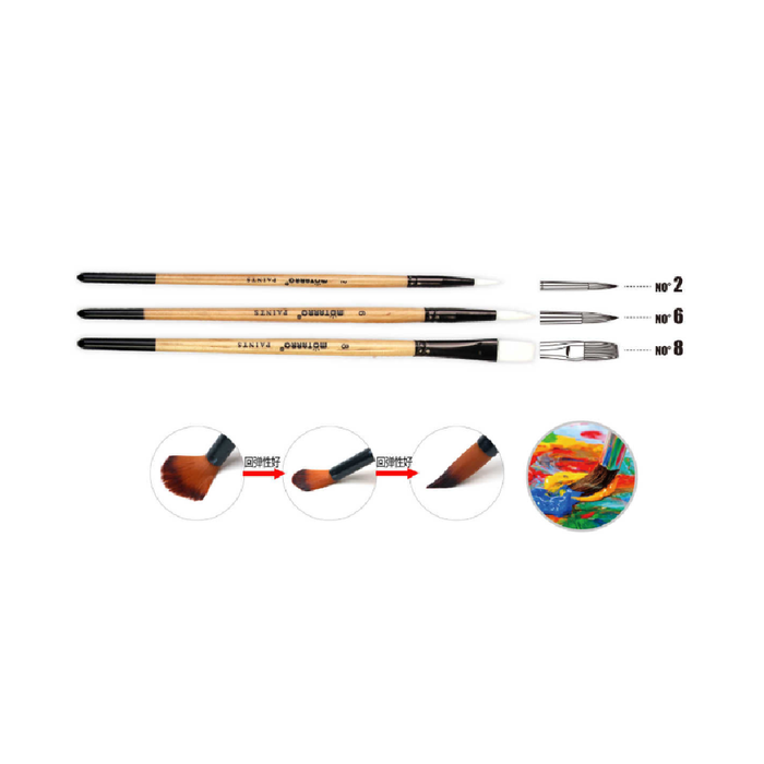 Set of 3 Paint Brush Nature Color Round No.2/6 & Long Flat No.8