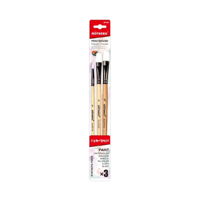 Set of 3 Paint Brush Nature Color Round No.0, Long Flat No.6 & Angle No.3/8