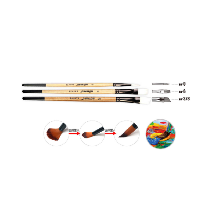 Set of 3 Paint Brush Nature Color Round No.0, Long Flat No.6 & Angle No.3/8