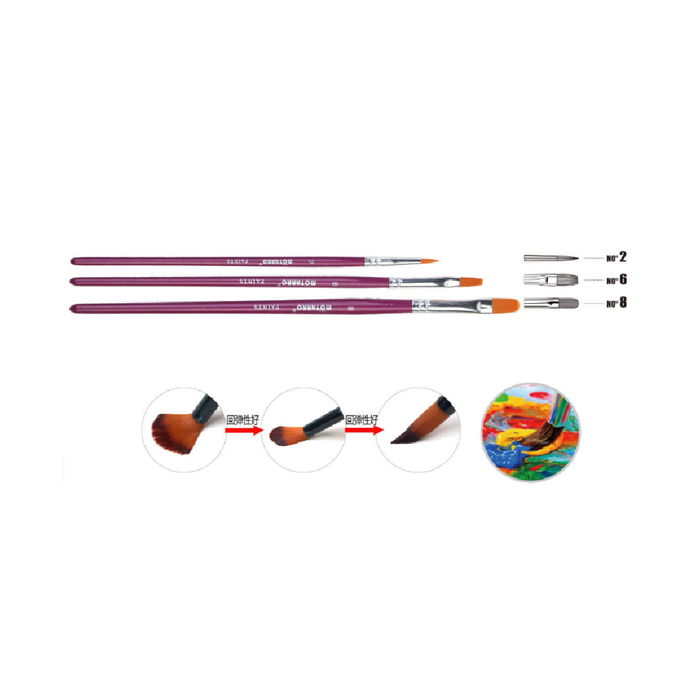 Set of 3 Paint Brush Pink Round No.2, Long Flat No.6 & Filbert No.8