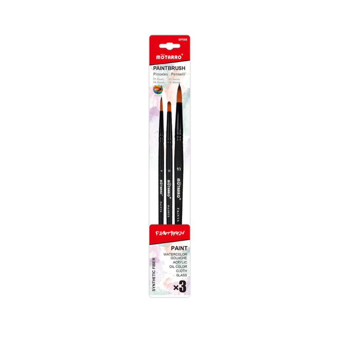 Set of 3 Paint Brush Black Round No.4/10 & Short Flat No.6