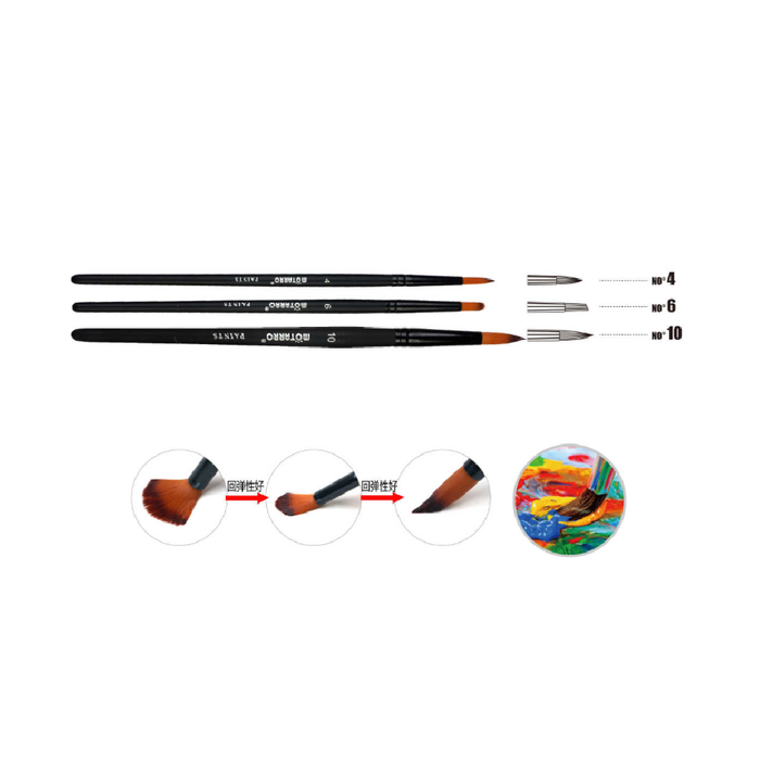 Set of 3 Paint Brush Black Round No.4/10 & Short Flat No.6