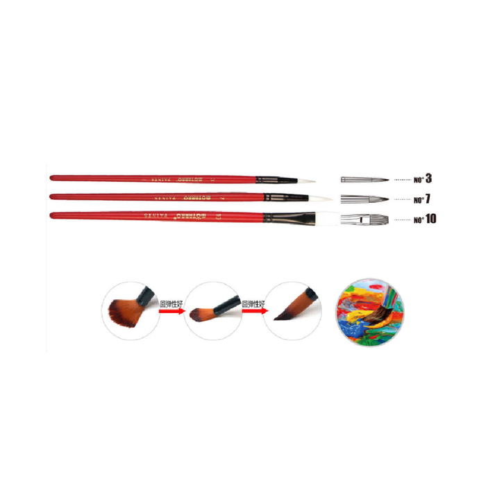 Set of 3 Paint Brush Red Round No.3/7 &Long Flat No.10