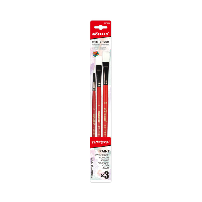Set of 3 Paint Brush Red Round No.3, Long FlatNo.7 & Angle No.10