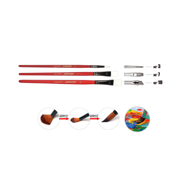 Set of 3 Paint Brush Red Round No.3, Long FlatNo.7 & Angle No.10