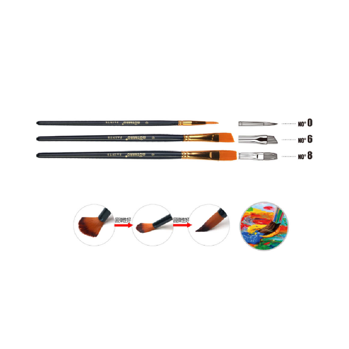 Set of 3 Paint Brush Navy Round No.0, Angle No.6 & Long FlatNo.8