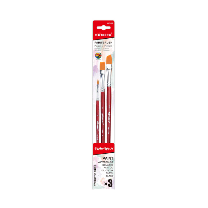 Set of 3 Paint Brush Brown Round No.0, Long Flat No.6 & Angle No.8