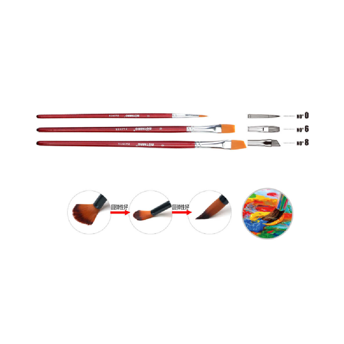 Set of 3 Paint Brush Brown Round No.0, Long Flat No.6 & Angle No.8