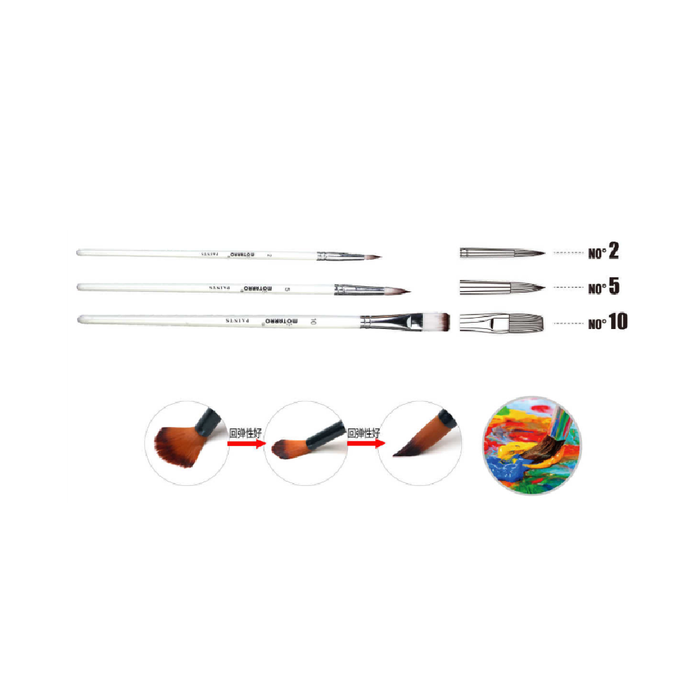 Set of 3 Paint Brush White RoundNo.2/5 & Long Flat No.10