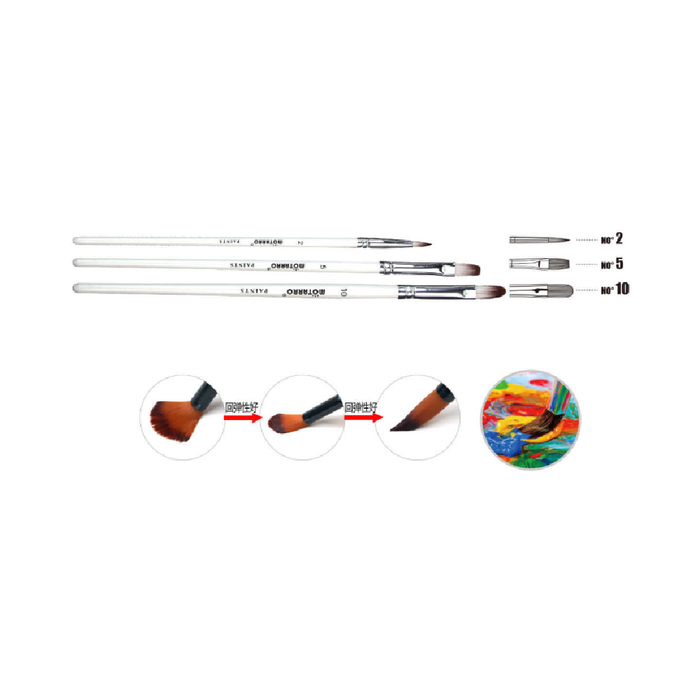 Set of 3 Paint Brush White RoundNo.2, Long Flat No.5 & Filbert No.10