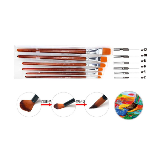 Set of 6 Paint Brush Brown Angle No.2/4, Filbert No.6/8, Flat No.10/12