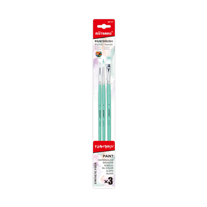 Set of 3 Paint Brush Blue Round No.0, 6 & Flat No.8
