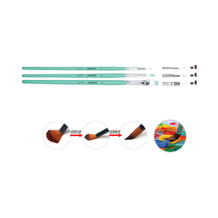 Set of 3 Paint Brush Blue Round No.0, 6 & Flat No.8