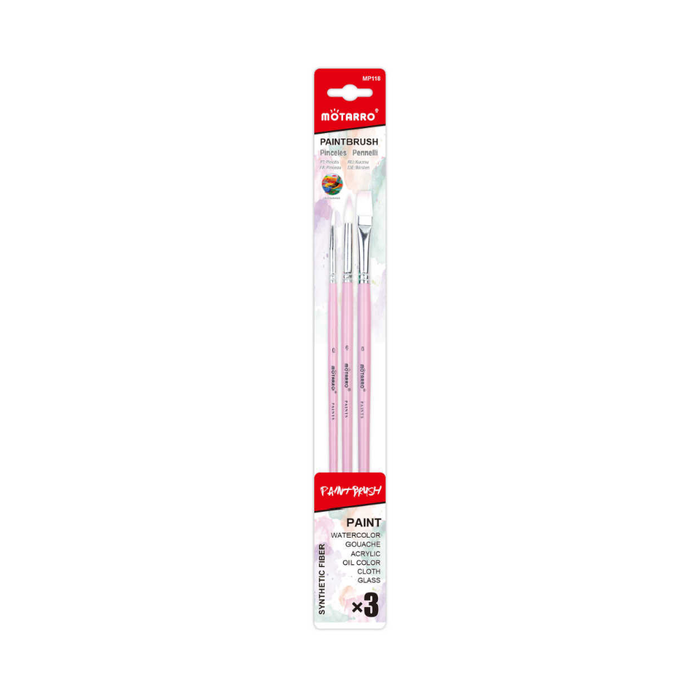 Set of 3 Paint Brush Pink Round No.0, 6 & Flat No.8