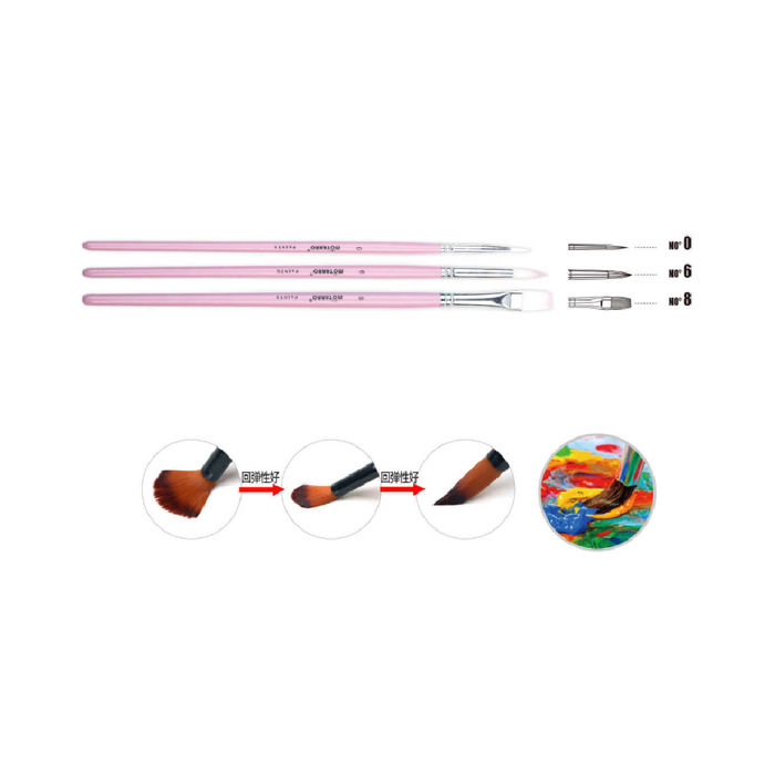 Set of 3 Paint Brush Pink Round No.0, 6 & Flat No.8