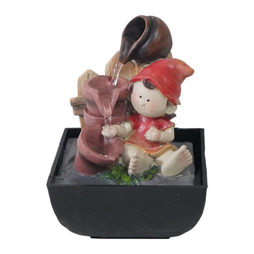 A decorative figure of an elf sitting next to a small pond, with a gnome-like figure on the other side of the pond is depicted in a water feature setup.