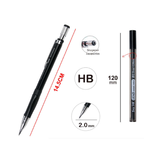 Mechanical Pencil + Lead Refill Black/Silver HB 2.0