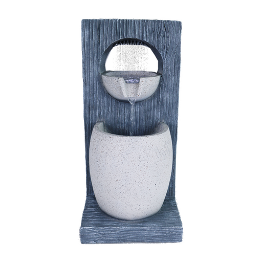 A modern Zen-inspired water feature with a gray ceramic bowl and a sleek, wooden structure supporting a fountain head, designed to create a calming visual and auditory experience.