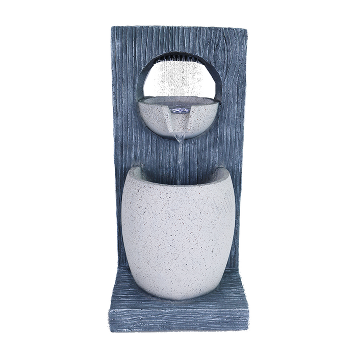 A modern Zen-inspired water feature with a gray ceramic bowl and a sleek, wooden structure supporting a fountain head, designed to create a calming visual and auditory experience.