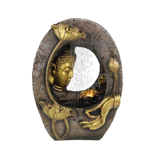 A bronze-colored fountain featuring a serene figure of the meditating Buddha with water flowing over his hand, surrounded by a circular frame with floral patterns.