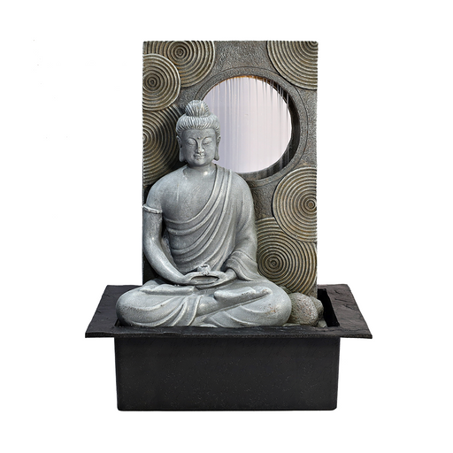 A Zen-inspired water feature with a sculpture of the Buddha sitting in meditation, with water flowing over his hand, set in a black square base.