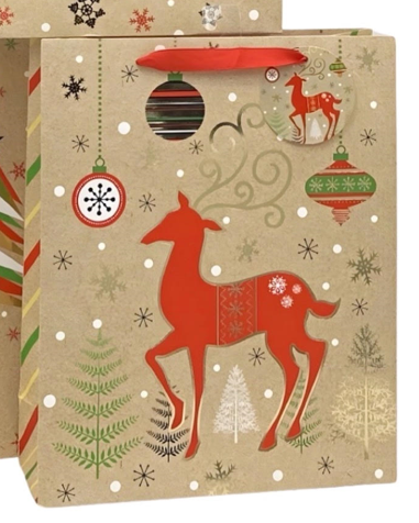 CHRISTMAS DESIGNS ON BROWN PAPER GIFT BAG