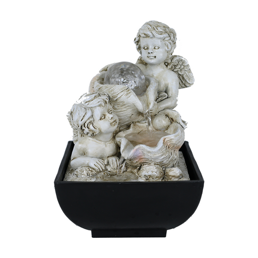 A water feature with two cherubs made of stone or resin, placed in a black bowl.
