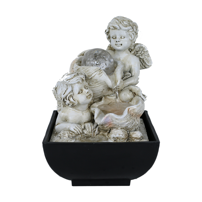 A water feature with two cherubs made of stone or resin, placed in a black bowl.