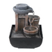 A rustic Stone Mill fountain featuring a weathered stone mill with wooden beams and a flowing water stream, set in a black basin with pebbles at the base.