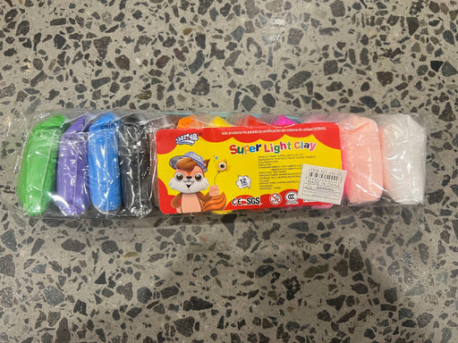 A pack of Super Light Clay in various colors displayed on a surface with a label showing the product name and a cartoon of a smiling face.