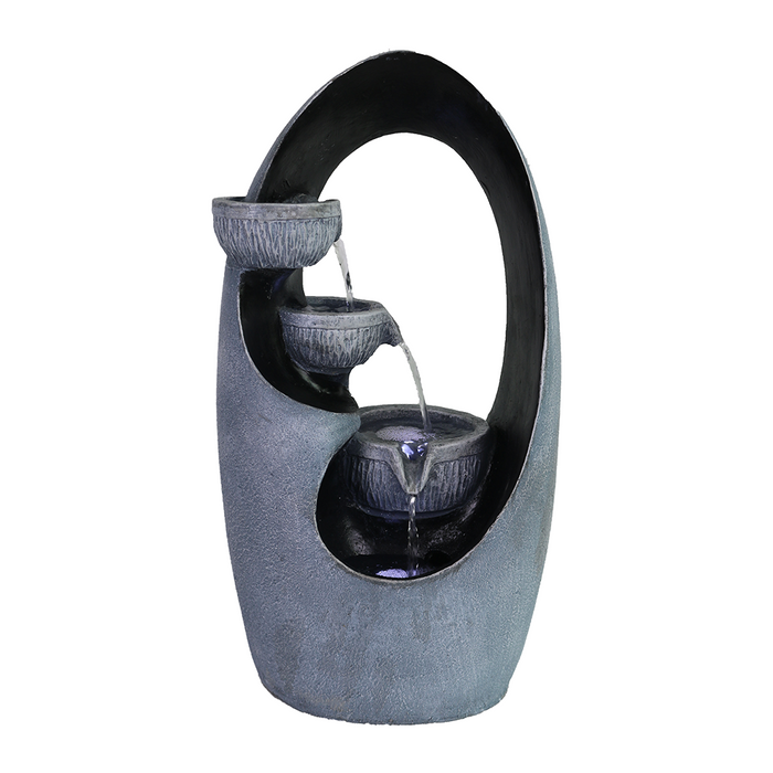 A modern Zen-inspired water feature with a minimalist design, consisting of a teardrop-shaped container with multiple levels, from which water flows gracefully.