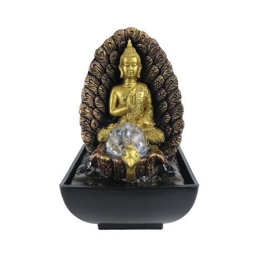 Decorative Buddha statue in a black base with a white background