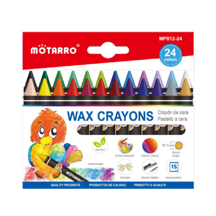Pack of Motarro wax crayons with colorful design and branding on a white background