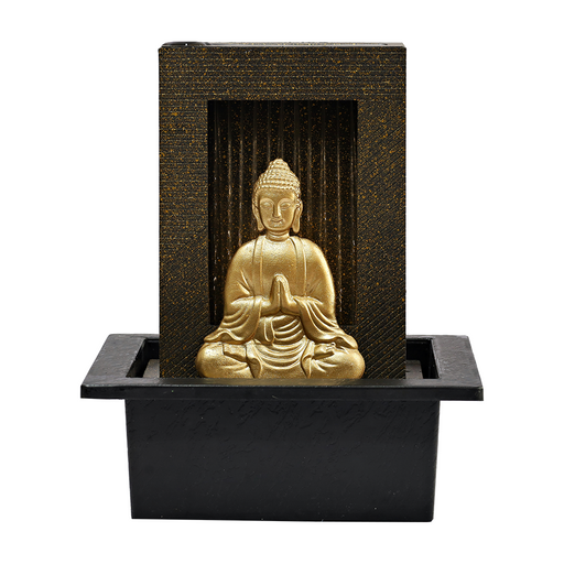 A Zen-inspired water feature with a meditating Buddha figure, gold and black in color, enclosed in a black square-shaped box.